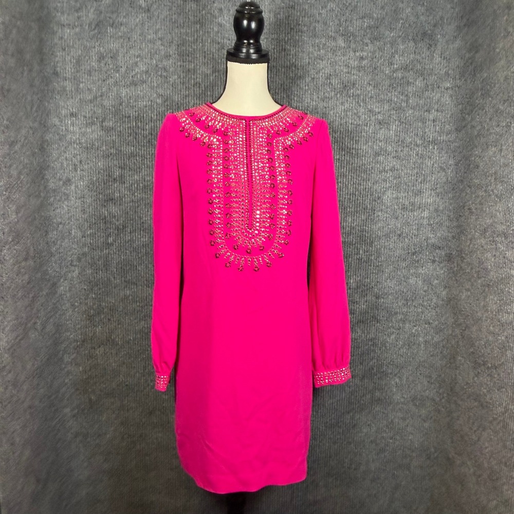 Trina Turk 100% Silk Beaded Bib Cocktail Dress Sz S Pink Long Sleeve Mini Shift